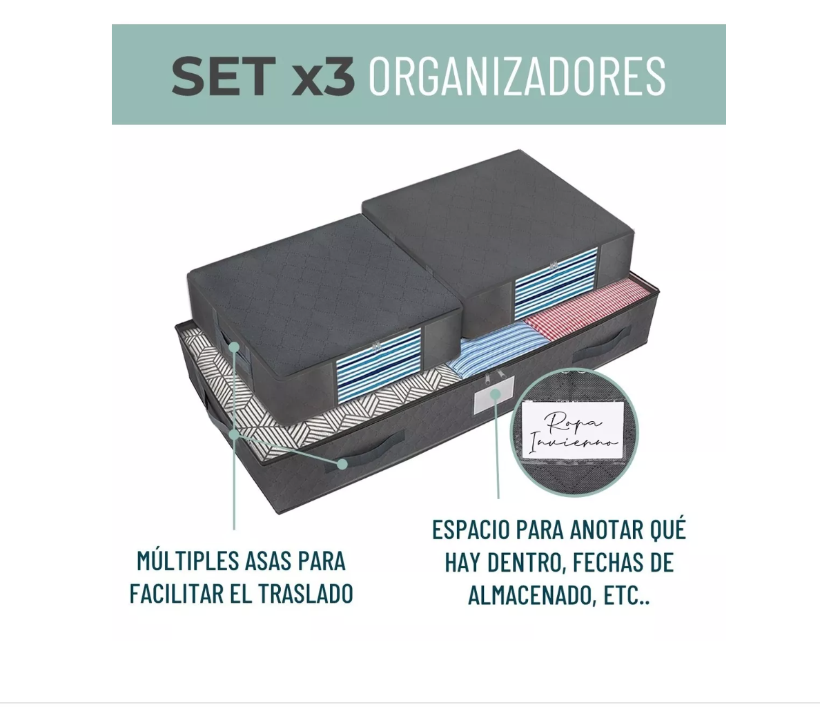 ORGANIZADOR DE ROPA BAJO CAMA CASATUA ALMACENAMIENTO SET X 3 - 2