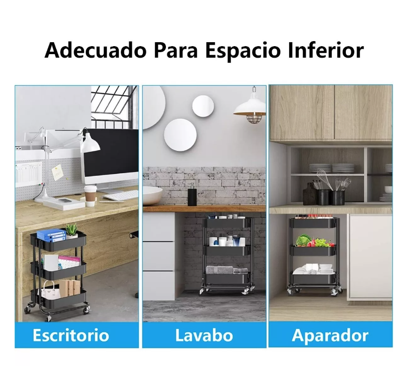 CARRO AYUDANTE COSMÉTICA RIQUI ORGANIZADOR MUEBLE ESTANTE ALMACENAMIENTO 3 NIVELES NEGRO - 2