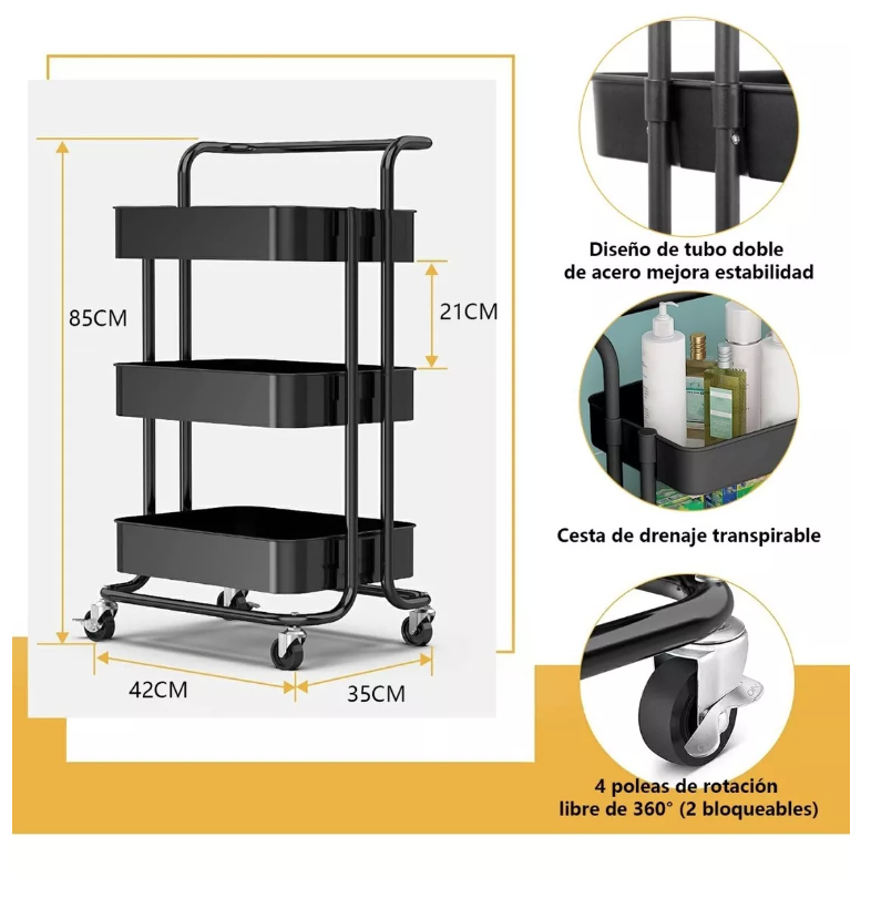 CARRO AYUDANTE COSMÉTICA RIQUI ORGANIZADOR MUEBLE ESTANTE ALMACENAMIENTO 3 NIVELES NEGRO - 7