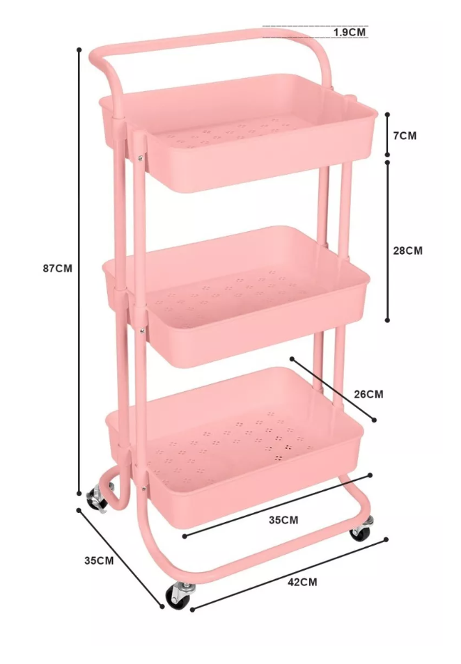 CARRO AYUDANTE COSMÉTICA RIQUI ORGANIZADOR MUEBLE ESTANTE ALMACENAMIENTO 3 NIVELES ROSADO - 5