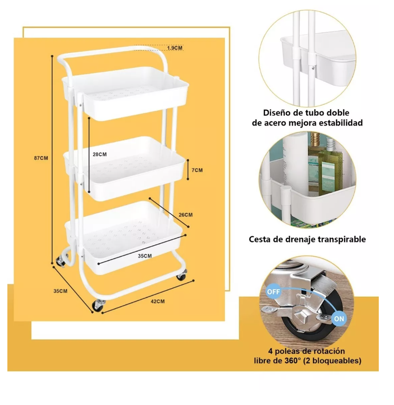 CARRITO ORGANIZADOR RIQUI CON RUEDAS 3 NIVELES VERDE TIFFANY - 7