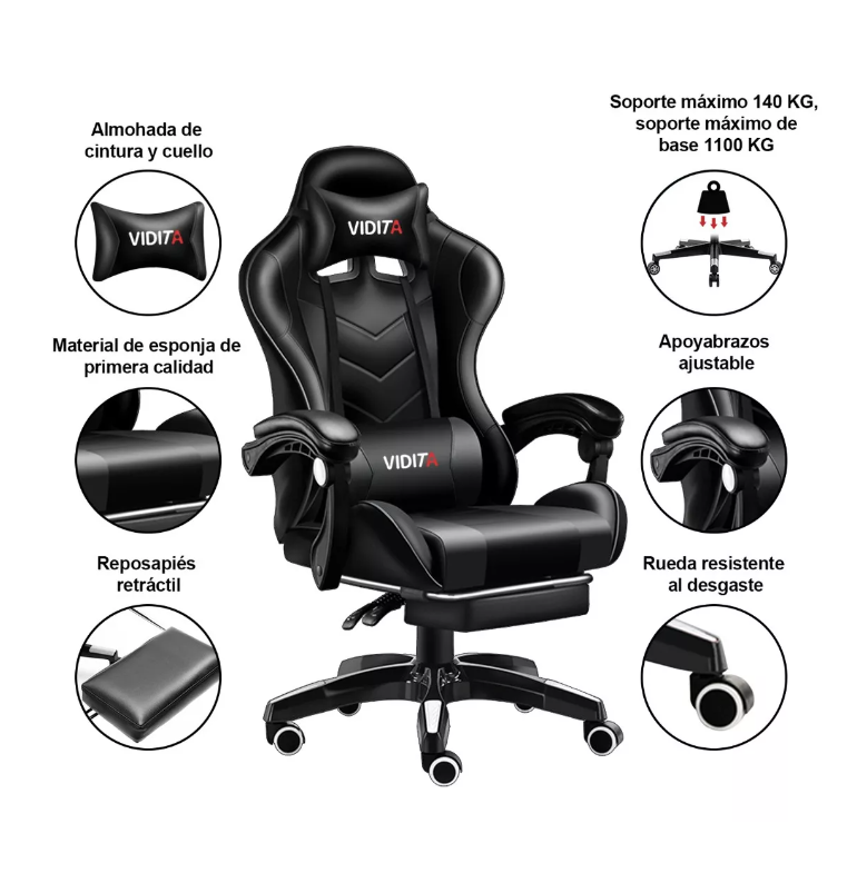 SILLA RIQUI NEGRO GAMER VIDITA ERGONÓMICA NEGRA CON TAPIZADO DE POLIURETANO - 4