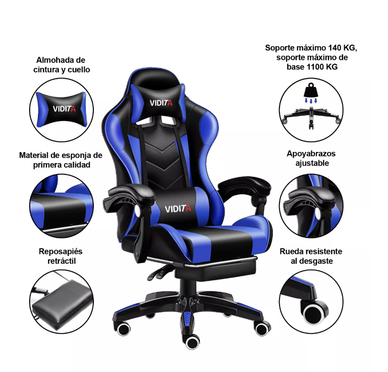 SILLA RIQUI AZUL GAMER VIDITA ERGONÓMICA NEGRA Y CON TAPIZADO DE POLIURETANO - 3