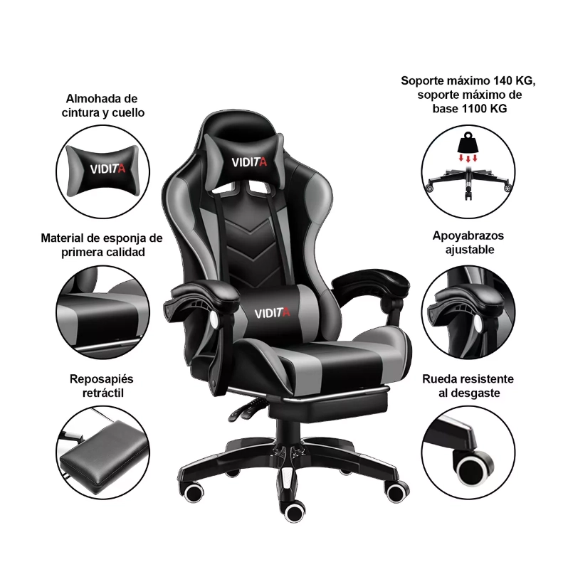 SILLA RIQUI GRIS GAMER VIDITA ERGONÓMICA NEGRO Y CON TAPIZADO DE POLIURETANO - 3