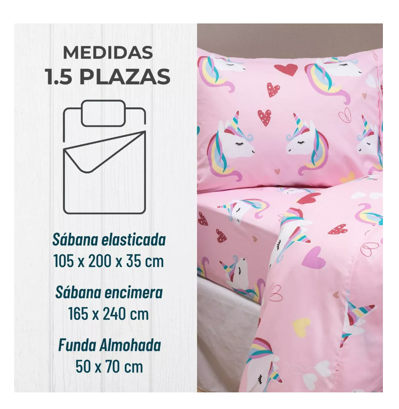 SÁBANAS RIQUI 1.5 PLAZAS ROSADO ESTAMPADAS NIÑA + FUNDA ALMOHADA - 2
