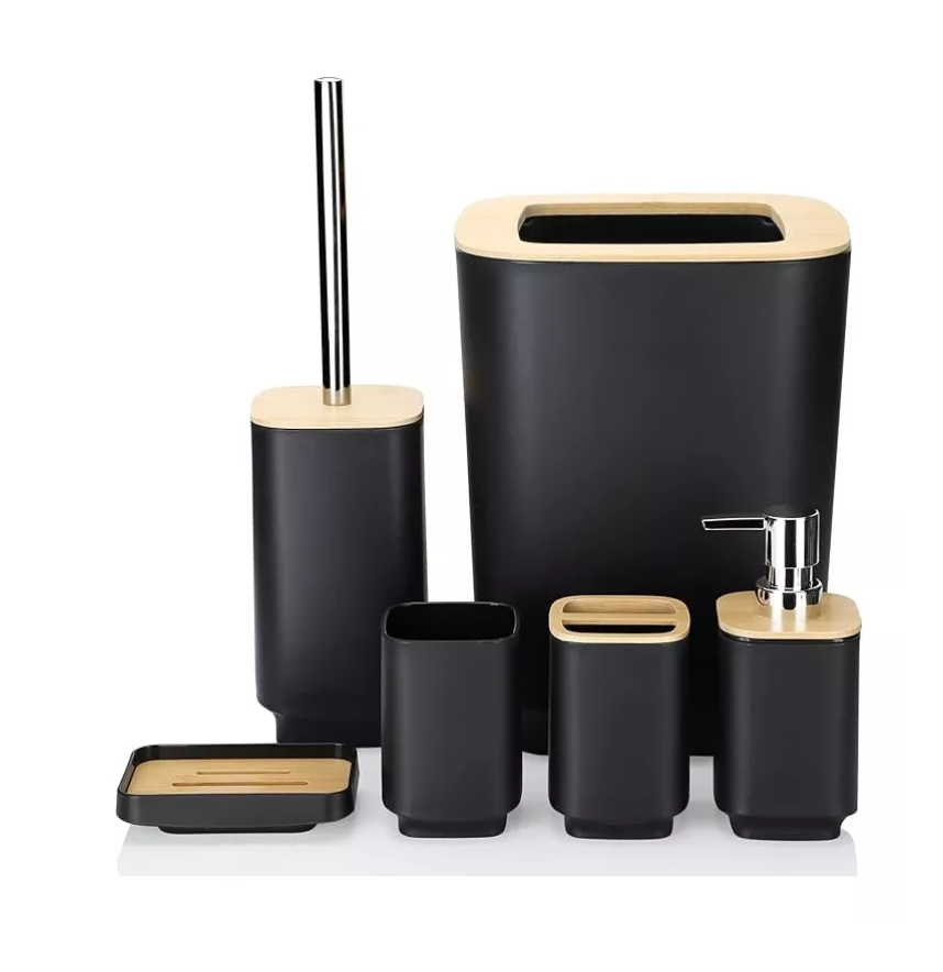 SET DE BAÑO 6 PIEZAS DUCHA ELEGANTE BAMBU DISPENSADORES - 1