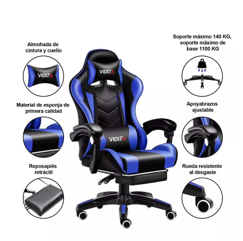 SILLA GAMER VIDITA ERGONÓMICA NEGRA Y AZUL CON TAPIZADO DE POLIURETANO - 3