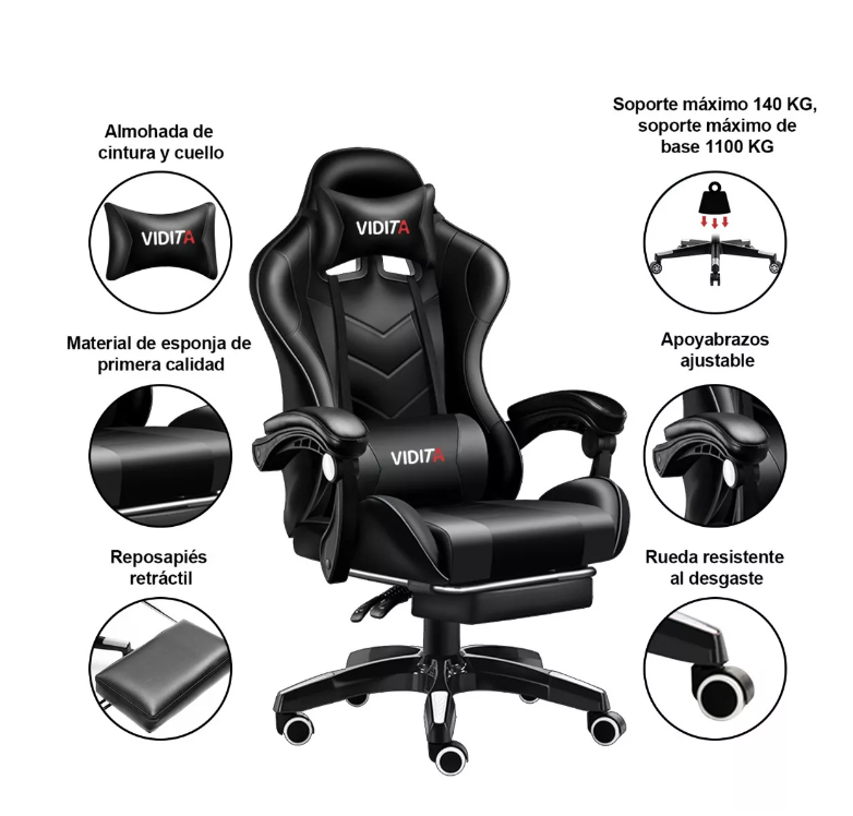 SILLA GAMER VIDITA GX2000 ERGONÓMICA NEGRA CON TAPIZADO DE POLIURETANO - 4