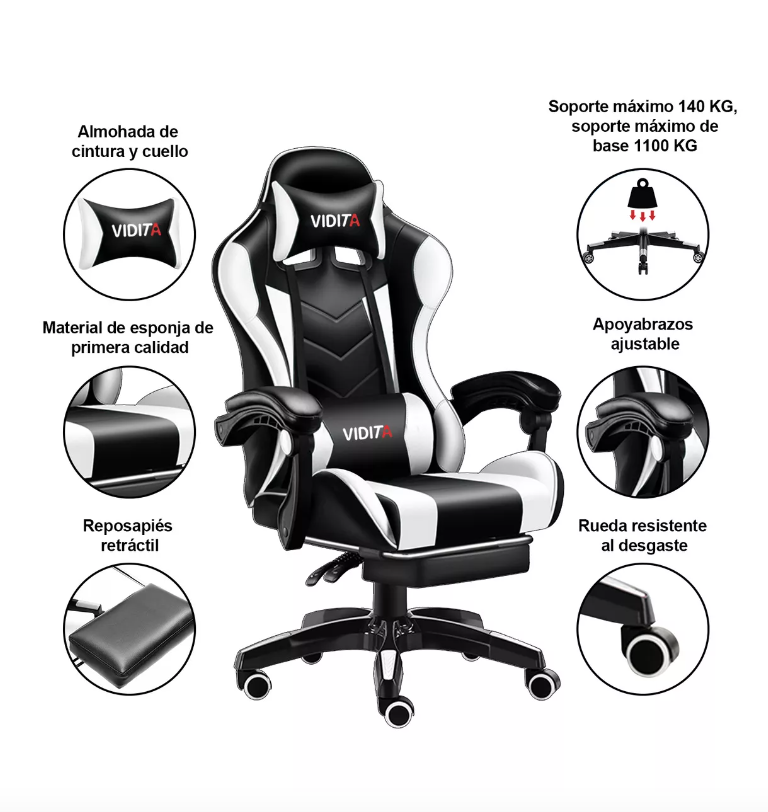 SILLA GAMER VIDITA ERGONÓMICA NEGRA Y BLANCA CON TAPIZADO DE POLIURETANO - 3
