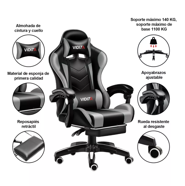 SILLA GAMER VIDITA ERGONÓMICA NEGRO Y GRIS CON TAPIZADO DE POLIURETANO - 3