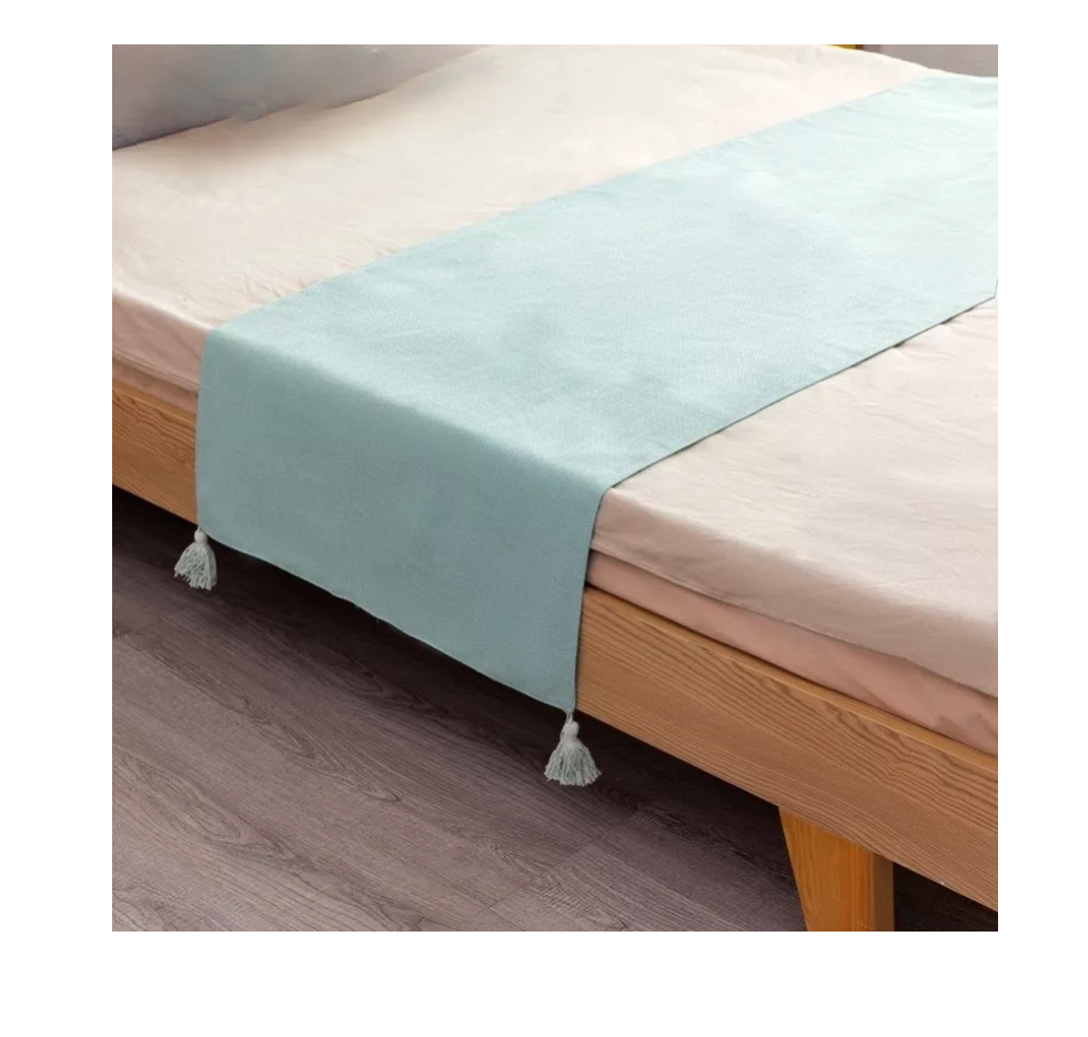 PIECERA RIQUI POMPONES 2 PLAZAS KING 210 X 70 CM LINO CELESTE - 1