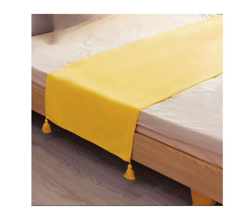 PIECERA RIQUI POMPONES 2 PLAZAS KING 210 X 70 CM LINO AMARILLO - 1
