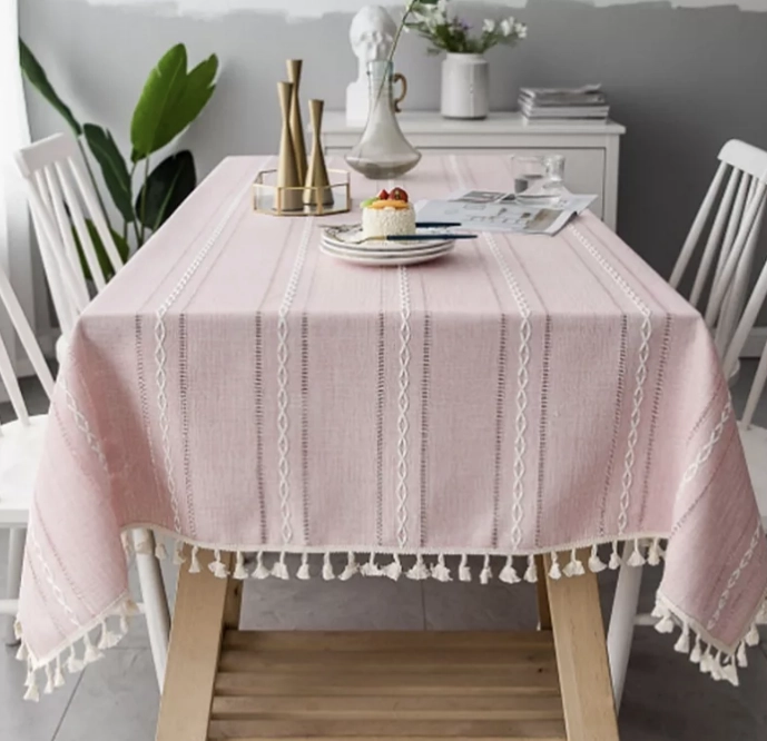 MANTEL RECTANGULAR MANTEL DE LA MESA BORLA ALGODÓN 145X220CM ROSA - 1