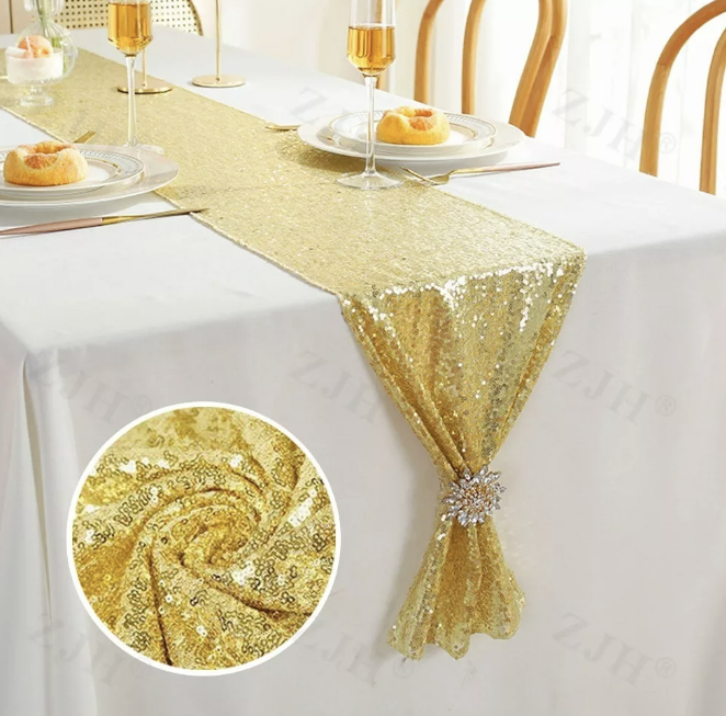 MANTEL DE BANDERA DE MESA CUADRADA DE LENTEJUELAS 275 × 30CM DORADO - 3