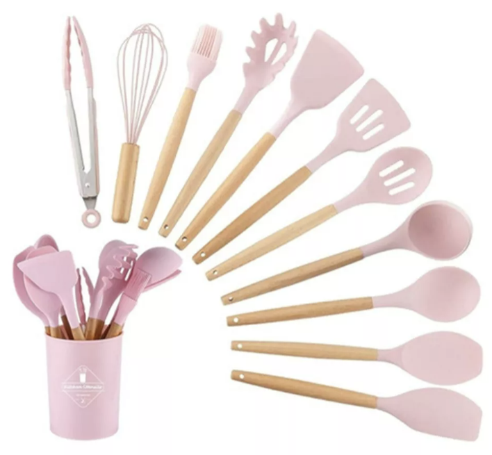 SET 12 UTENSILIOS COCINA MANGO SILICONA Y MADERA REPOSTERÍA. ROSADO - 1