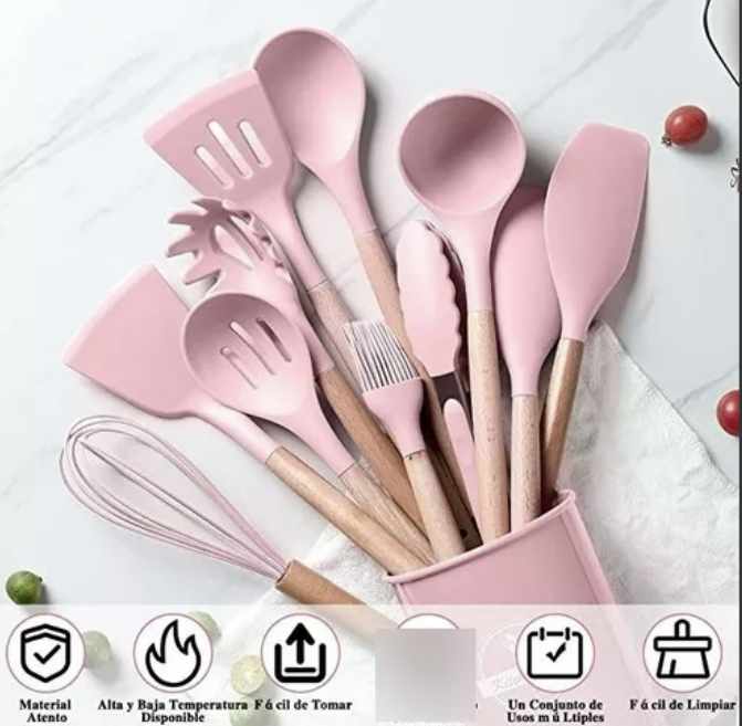 SET 12 UTENSILIOS COCINA MANGO SILICONA Y MADERA REPOSTERÍA. ROSADO - 3