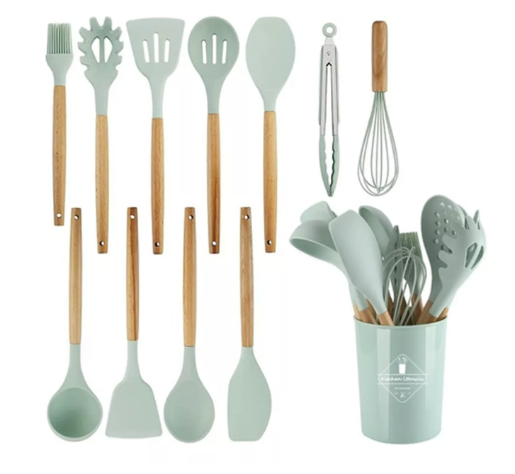 SET 12 UTENSILIOS COCINA MANGO SILICONA Y MADERA REPOSTERÍA. VERDE - 1
