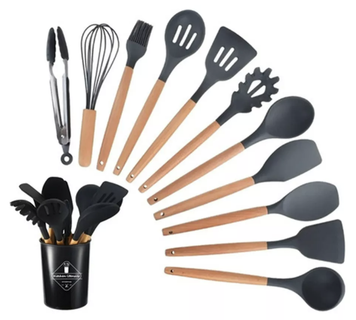 SET 12 UTENSILIOS COCINA MANGO SILICONA Y MADERA REPOSTERÍA - 1