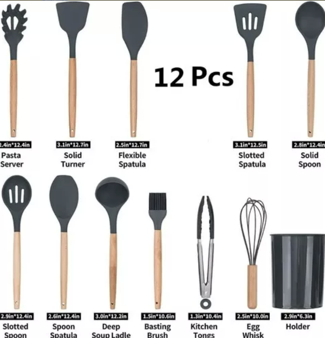 SET 12 UTENSILIOS COCINA MANGO SILICONA Y MADERA REPOSTERÍA - 2