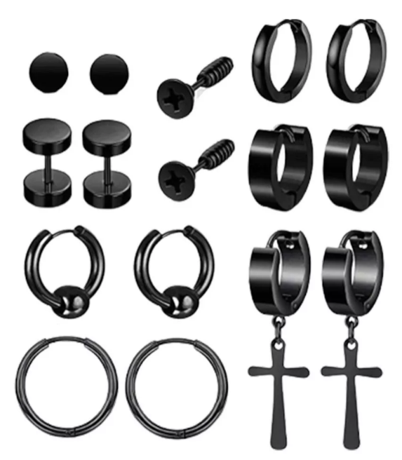 PACK X8 PARES ARETES HOMBRE RIQUI CON PIERCING ARRACADAS HOMBRE - 1