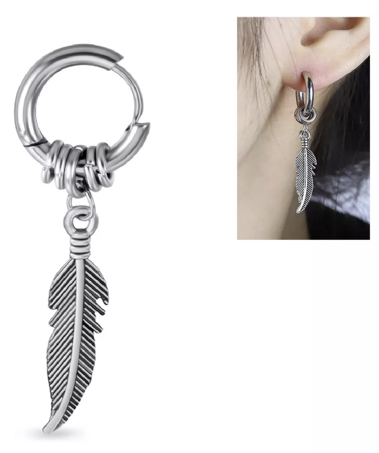 AROS RIQUI MUJER HOMBRE ARGOLLA PLUMA COLGANTE PLATA - 1