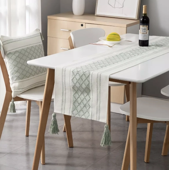 CAMINO DE MESA MEDIDA 37X180CM TEJIDO BORDADO POLIESTER VERDES LINEAS - 1