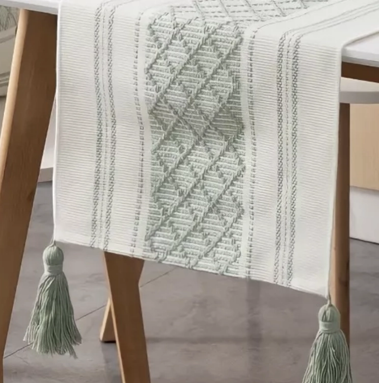CAMINO DE MESA MEDIDA 37X180CM TEJIDO BORDADO POLIESTER VERDES LINEAS - 2