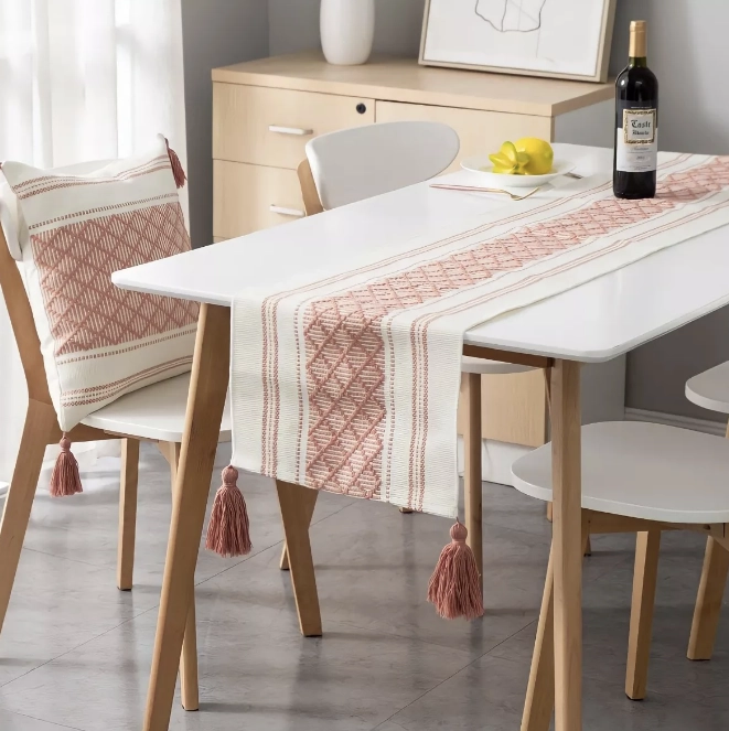 CAMINO DE MESA MEDIDA 37X180CM TEJIDO BORDADO POLIESTER ROSADO LINEAS - 1