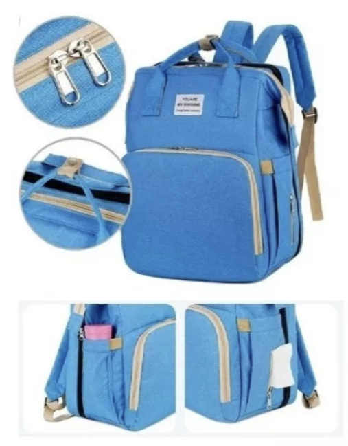 MOCHILA RIQUI 3 EN 1 PAÑALERA CUNA Y MUDADOR PORTÁTIL BEBÉS CELESTE - 1