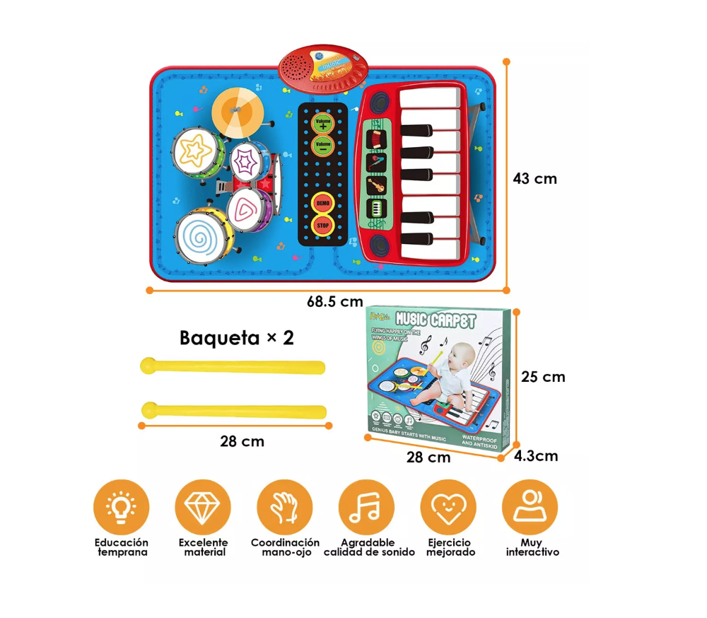 ALFOMBRA RIQUI MUSICAL PIANO Y TAMBOR JUGUETE NIÑOS 70X45 CM - 2