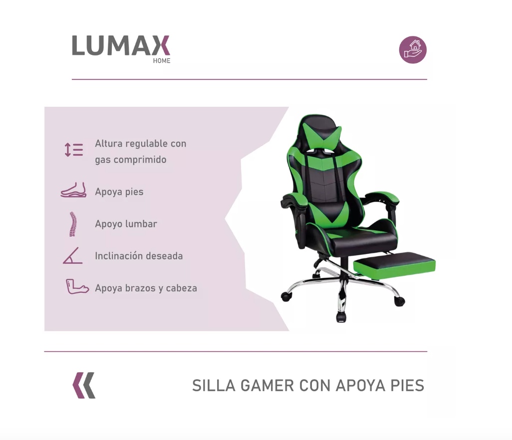 SILLA GAMER LUMAX ROM CON APOYAPIES VARIOS COLORES METINCA - 6