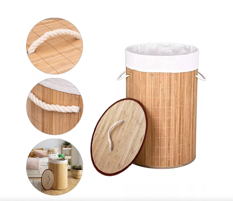 CESTO CANASTO ROPA SUCIA BAMBU REDONDO 50 CM CON TAPA Y ASAS - 1
