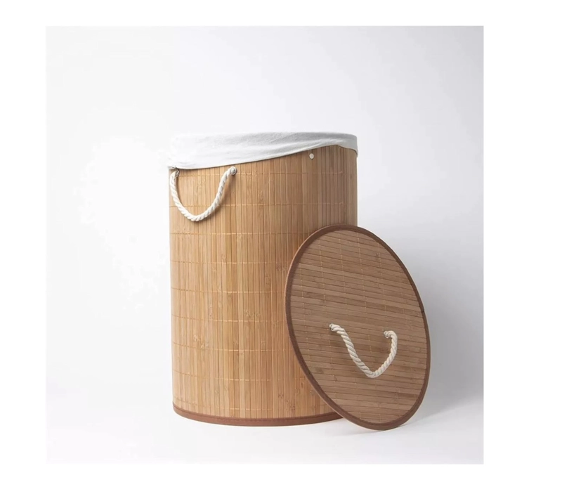 CESTO CANASTO ROPA SUCIA BAMBU REDONDO 50 CM CON TAPA Y ASAS - 4