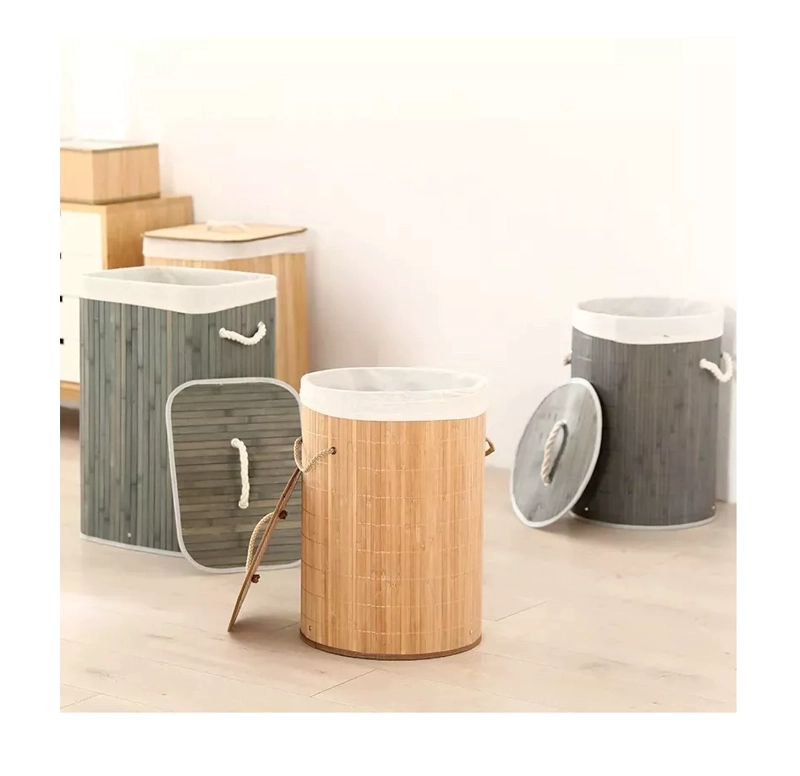 CESTO CANASTO ROPA SUCIA BAMBU REDONDO 50 CM CON TAPA Y ASAS - 6