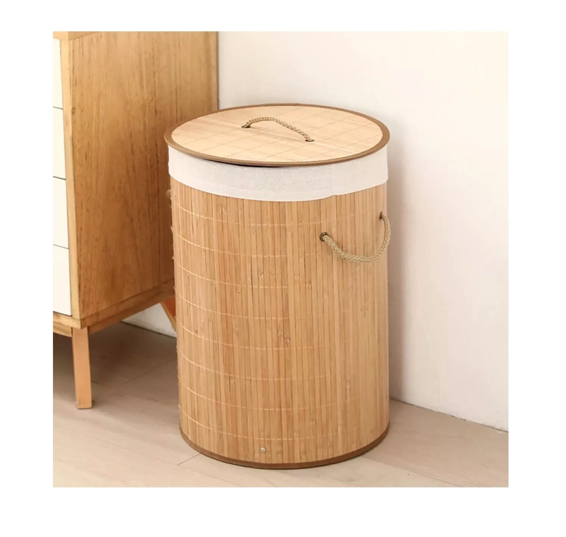 CESTO CANASTO ROPA SUCIA BAMBU REDONDO 50 CM CON TAPA Y ASAS - 7
