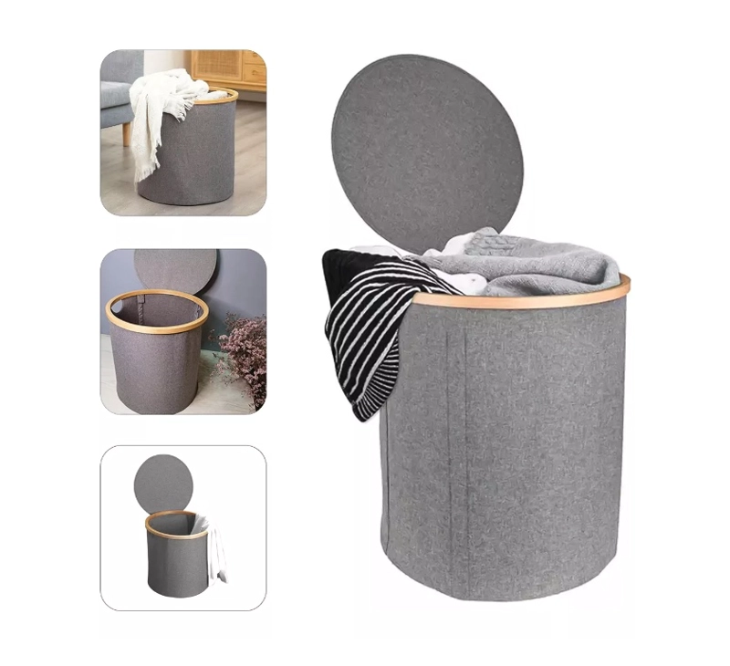CESTO CANASTO ROPA SUCIA PLEGABLE BORDE MADERA CON TAPA - 1