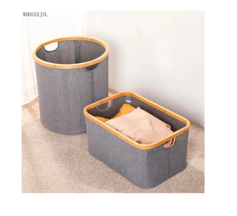 CESTO CANASTO ROPA SUCIA PLEGABLE BORDE MADERA CON TAPA - 4
