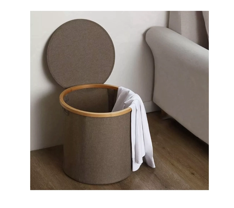 CESTO CANASTO ROPA SUCIA PLEGABLE BORDE MADERA CON TAPA - 5
