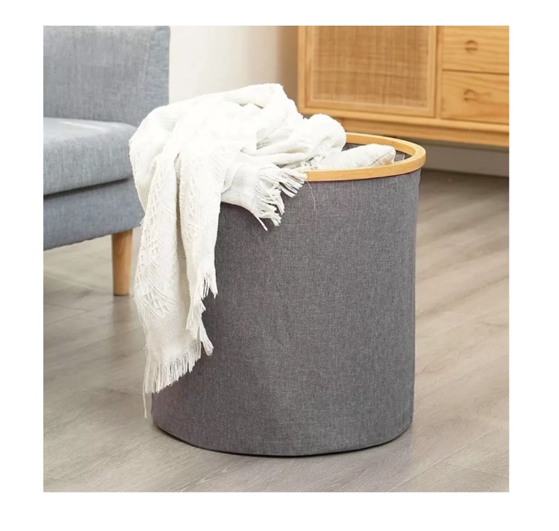 CESTO CANASTO ROPA SUCIA PLEGABLE BORDE MADERA CON TAPA - 6