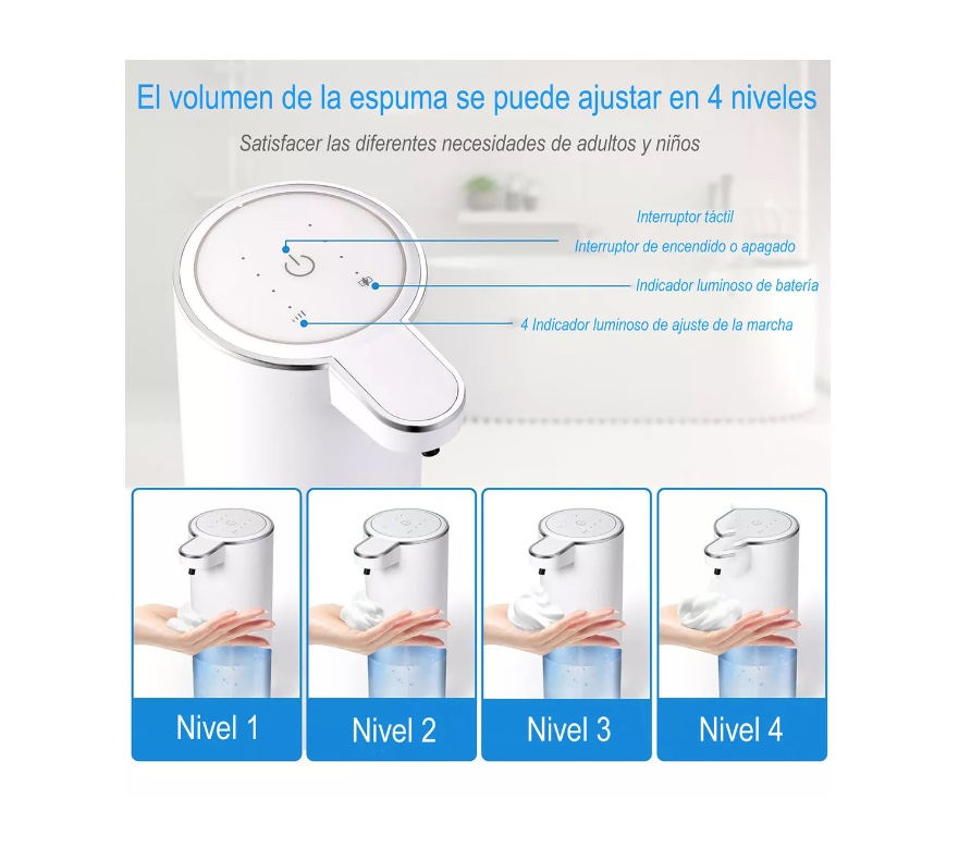 DISPENSADOR JABON AUTOMATICO INTELIGENTE CARGA USB+4 MARCHAS - 3