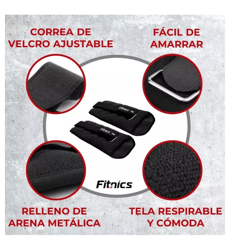 PESAS DE TOBILLO RIQUI ACERO TOBILLERA MUÑECA SET 2 DE 1KG C/U TOTAL 2KG FITNICS - 2