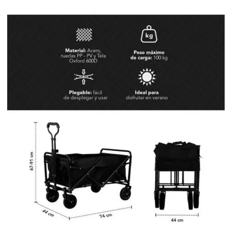 CARRITO PARA COMPRAS RIQUI PLEGABLE IDEAL PARA EL CAMPING PRO MAX COLOR NEGRO - 6