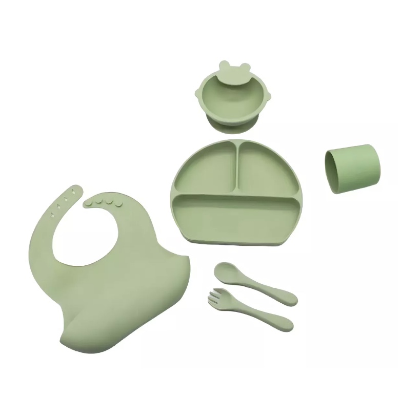 SILICONA RIQUI ANTIDESLIZANTE BEBÉS SET PLATOS CUCHARA TENEDOR BABERO VASO 6 PIEZAS VERDE - 1