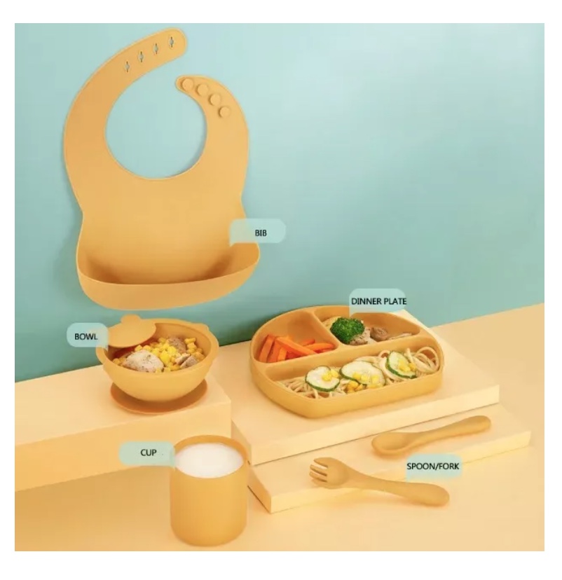 SILICONA RIQUI ANTIDESLIZANTE BEBÉS SET PLATOS CUCHARA TENEDOR BABERO VASO 6 PIEZAS VERDE - 7
