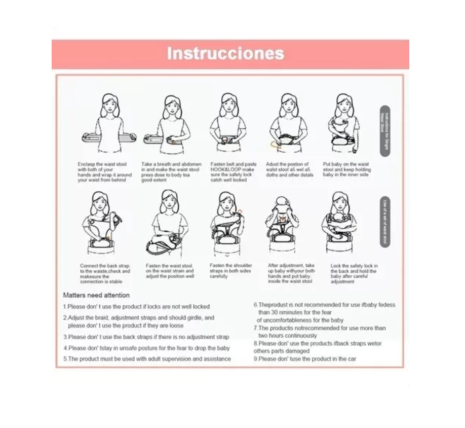 MOCHILA RIQUI PORTA BEBÉS ERGONÓMICA ASIENTO MULTIFUNCIONAL 6 EN 1 ROSA - 8