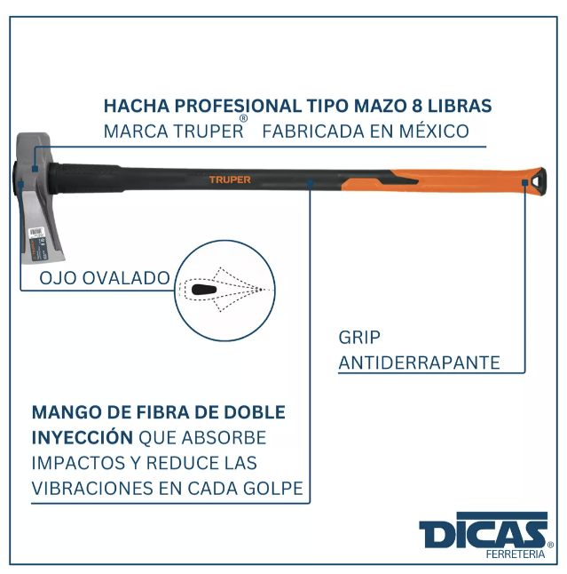 HACHA RIQUI LEÑADORA TRUPER 8 LIBRAS PROFESIONAL FIBRA VIDRIO - 4
