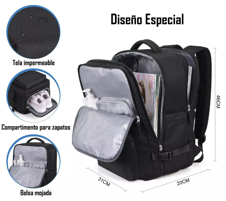 MOCHILA DE VIAJE IMPERMEABLE AVIÓN APROBADO CAPACIDAD DE 40L NEGRO - 2