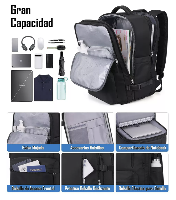 MOCHILA DE VIAJE IMPERMEABLE AVIÓN APROBADO CAPACIDAD DE 40L NEGRO - 3
