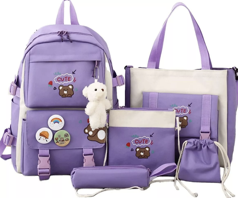SET MOCHILA ESCOLAR 5 PIEZAS DE NIÑA CON LONCHERA+ESTUCHE - 1
