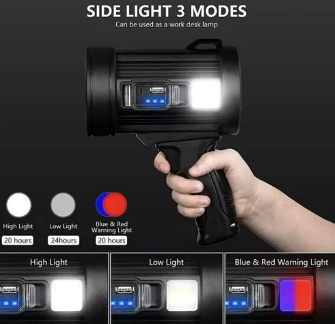 LINTERNA PORTÁTIL SPOTLIGHT DE 90000 LÚMENES CON ENFOQUE LED, COLOR NEGRO, LUZ BLANCA - 2